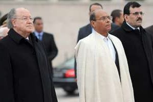 Mustapha Ben Jaafar, Moncef Marzouki et Ali Larayedh le 14 janvier 2014 à Tunis. © AFP