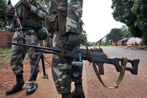 Des soldats congolais de la Misca le 5 mars 2014, à Bossambele. © AFP