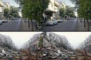 Montage photo montrant la même rue d’un quartier résidentiel de Homs. © Amro Ali