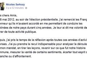 Le message de Nicolas Sarkozy sur Facebook. © DR