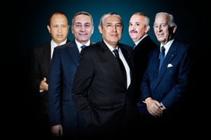 De g. à dr. : Abdeslam Ahizoune (patron de MarocTélécom), Moulay Hafid Elalamy (ex-Saham), Mohamed El Kettani (Attijariwafa Bank), Anas Sefrioui (Addoha) et Othman Benjelloun (BMCE). © Sylvain Cherkaoui/JA