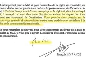 Fac-similé de François Hollande à Compaoré © J.A.
