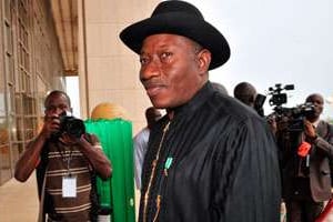 Goodluck Jonathan lors d’un voyage en Côte d’Ivoire, en mars. © Issouf Sanogo/AFP