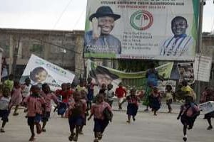 Une affiche de campagne du président Goodluck Jonathan pour la présidentielle à Otuoke. © AFP