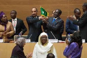 Dlamini-Zuma, Ould Abdelaziz, Mugabe et les autres, le 30 janvier. © Zacharias Abubeker/AFP