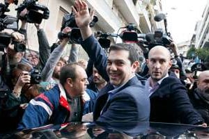Alexis Tsipras, le leader de Syriza, arrivant à son bureau de vote, à Athènes, le 25 janvier. © Petros Giannakouris/AP/Sipa