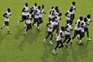 L’équipe de Côte d’Ivoire à l’entraînement à Bata, le 3 février. © Themba Hadebe/AP/SIPA