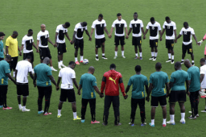 Les joueurs ghanéens réunis à l’entraînement le 8 février à Bata. © Photo AP