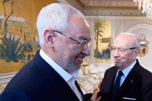 Béji Caïd Essebsi (à d.) et Rached Ghannouchi, le 14 janvier à Carthage. © Fethi Belaid/AFP