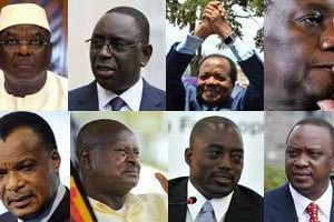 (De g à d) IBK, Sall, Biya, Ouattara, Sassou, Musseveni, Kabila, Kenyatta. © AFP/Montage JA