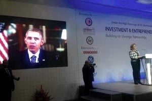 Le président américain Barack Obama a délivré un message vidéo durant la conférence. © Ambassade des États-Unis à Tunis/Facebook