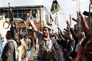 Des partisans du mouvement Houthi à Sanaa, le 1er avril 2015. © Mohammed Huwais/AFP