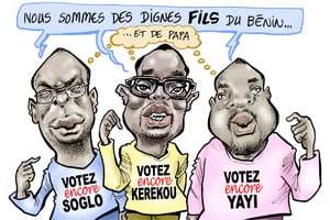 Caricature des trois fils candidats d’ex-dirigeants béninois © Damien Glez