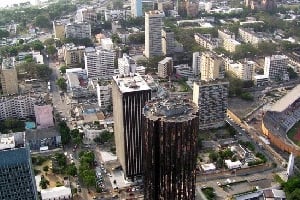 Vue aérienne de la commune du Plateau, centre financier d’Abidjan, la capitale économique de la Côte d’Ivoire. DR