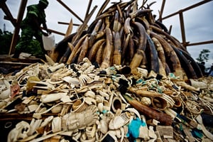 Les autorités gabonaises se préparent à incinérer de l’ivoire issu du braconnage, à Libreville, le 27 juin 2012. © James Morgan/AP/SIPA