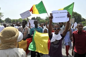 Des manifestants pro-Bamako agitent des drapeaux maliens dans la ville de Méneka, dans le nord du Mali, le 2 mai 2015. © Habibou Kouyate/AFP