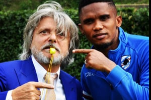 Samuel Eto’ et Massimo Ferrero, président du club italien  Sampdoria de Gênes. © Capture d’écran/Twitter Samuel Eto’o