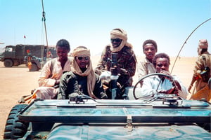En septembre 1983 à Biltine, dans l’est du Tchad. Idriss Déby Itno
             
            
              
            
          (à g.) est alors commandant en chef de l’armée. © JOEL ROBINE /AFP