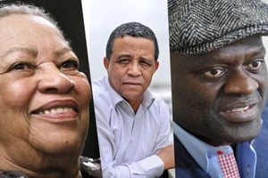 De g. à dr. : Toni Morrison, Boualem Sansal, Alain Mabanckou. © AFP/VINCENT FOURNIER POUR J.A.