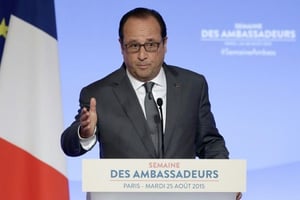 François Hollande s’adresse à la conférence des ambassadeurs, le 25 août 2015 au palais de l’Elysée, à Paris. © Philippe Wojazer/AFP