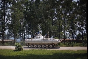 Un char de la Monusco, au nord de Goma, en 2012, en RDC. © Jerome Delay/AP/SIPA