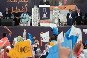 Le chef du gouvernement Abdelilah Benkirane lors d’un meeting de son parti, le 2 septembre,à Tanger. © FADEL SENNA/AFP