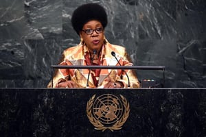 La présidente de transition de Centrafrique, Catherine Samba Panza à la tribune de l’ONU à New York, le 26 septembre 2015. © AFP