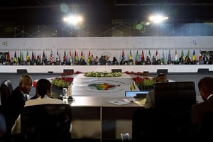Les officiels africains lors de l’ouverture du sommet Inde-Afrique lundi 26 octobre. © Saurabh Das/AP/SIPA