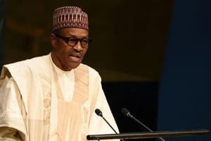 Le président du Nigeria, Muhammadu Buhari, prononce un discours lors de la 70ème Assemblée générale des Nations Unis, le 28 septembre 2015 à New York. © Don Emmert/AFP