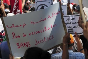 Une pancarte de protestation contre la loi sur la réconciliation économique, le 12 septembre 2015, à Tunis. © Riadh Dridi/AP/SIPA