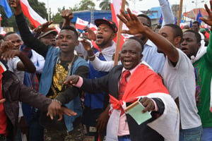 Une manifestation d’opposition congolaise contre un éventuel troisième mandat du président Joseph Kabila, le 15 septembre 2015 à Kinshasa. © John Bompengo/AP/SIPA