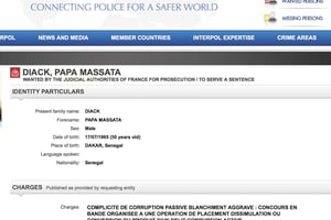 Avis de recherche de Papa Massata Diack lancé par Interpol, le 14 janvier 2016 (copie écran du site internet d’Interpol) © AP/SIPA