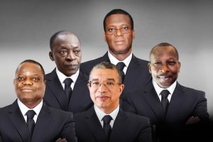 De g. à dr. : Sébastien Ajavon, Abdoulaye Bio Tchané, Lionel Zinsou, Pascal Irénée Koupaki et Patrice Talon. © VINCENT FOURNIER/J.A.
