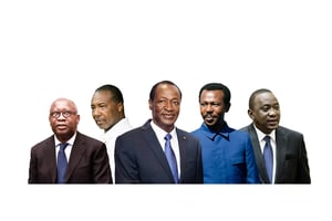 L’ivoirien Laurent Gbagbo, le Libérien Charles Taylor, le Burkinabé Blaise Compaoré, l’Éthiopien Mengitsu Haile Mariam, et le Kényan Uhuru Kenyatta © ICC-CPI ; BEN CURTIS/SIPA ; A. VOISARD/UN PHOTO ; FRILET/SIPA
