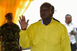 Le chef de l’État sortant d’Ouganda, Yoweri Museveni, lors d’une réunion électorale le 16 février 2016 à Kampala. © Isaac Kasamani/AFP