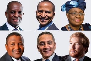 Speakers au CEO Forum : (de gauche à droite et de haut en bas) Jean Kacou Diagou, Moïse Katumbi, Ngozi Okonjo Iweala, Aliko Dangote, Moulay Hafid Elalamy, Jonathan Oppenheimer. © DR