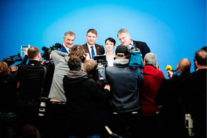 Frauke Petry (3e, de g. à dr.) avec d’autres chefs de l’AfD, le 14 mars à Berlin. © XINHUA/ZHANG FAN/MAXPPP