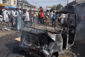 Explosion à cause d’une voiture piégée dans le marché central de Maiduguri, capitale de l’État du Borno (nord-est), en juillet 2014. Photo d’illustration. © Jossy Ola/AP/SIPA