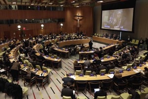 Une réunion dans la salle de tutelle des Nations unies, le 12 avril 2016. © Richard Drew/AP/SIPA