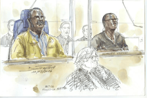 Un croquis d’audience montre Tito Barahira (à gauche) et Octavien Ngenzi devant le tribunal à Paris le 10 mai 2016. © AFP