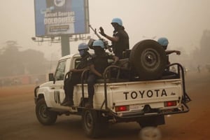 Des Casques bleus de la Minusca à Bangui, le 12 février 2016. © Jerome Delay/AP/SIPA