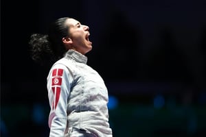 La fleurettiste tunisienne Inès Boubakri, médaillée de bronze, aux JO de Rio le 10 août 2016. © Kirill KUDRYAVTSEV/AFP