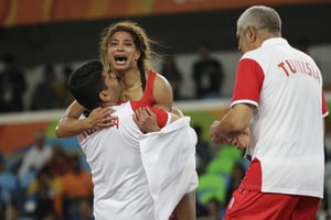 La lutteuse tunisienne Marwa Amri, troisième de sa catégorie aux JO de Rio, le 17 août 2016. © Markus Schreiber/AP/SIPA