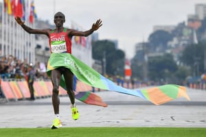 Eliud Kipchoge, vainqueur du marathon des Jeux de Rio, le 21 août 2016. © Olivier Morin/AFP