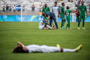 L’équipe du Nigeria victorieuse du Honduras pour la médaille de bronze des Jeux de Rio, le 20 août 2016 à Belo Horizonte. © Gustavo Andrade/AFP