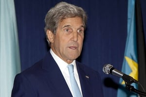 Dans le cadre de sa tournée africaine de l’été 2016, le secrétaire d’État américain, John Kerry,  donne une conférence à Nairobi, au Kenya, le 22 août. © Sayyid Abdul Azim/AP/SIPA