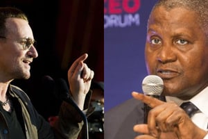 Le chanteur Bono et le milliardaire Aliko Dangote. © AP/SIPA/Africa CEO Forum/Montage J.A.