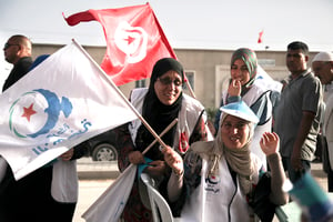 Des militantes du parti islamiste tunisien, en 2014, à Tunis. © Augustin Le Gall/HAYTHAM/REA