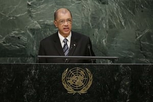 Le président des Seychelles James Alix Michel lors de la 70e Assemblée générale des Nations unies le 29 septembre 2015. © Frank Franklin/AP/SIPA