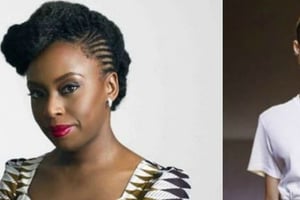 Chimamanda Ngozi Adichie et un modèle portant un t-shirt Dior estampillé de la phrase culte de l’auteure nigériane. © Twitter et Pinterest / Montage JA.